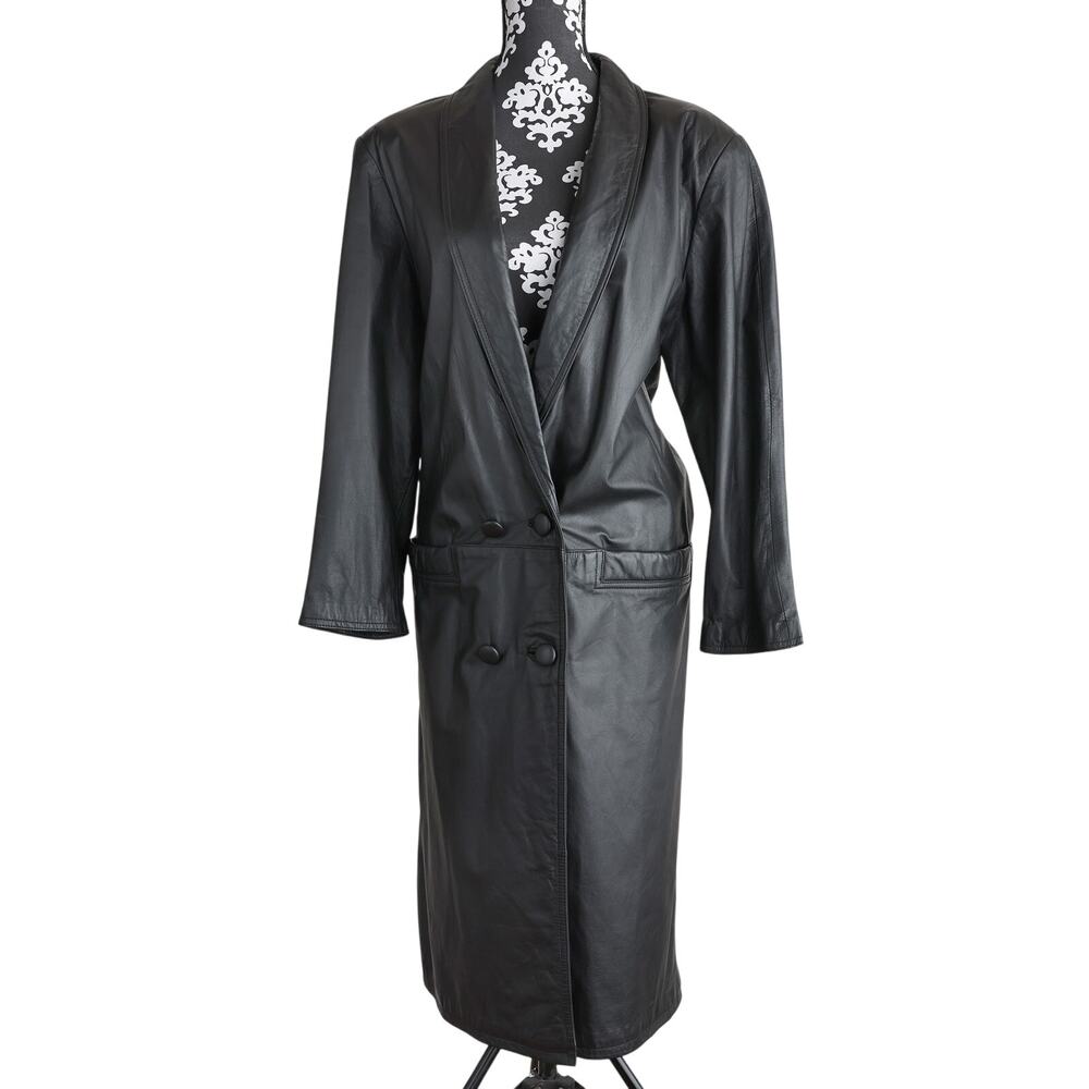 Men's Black International Leather Collection Front Button Trench Coat - S